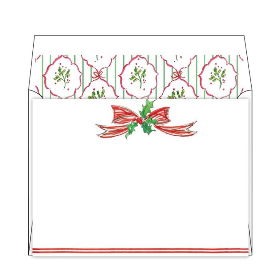 Notes & Pads Rosanne Beck | Handpainted Red Bow With Holly Flat Note Stationery