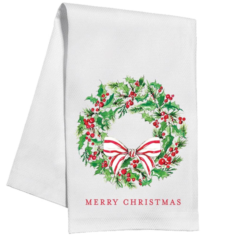 Seasonal Rosanne Beck | Merry Christmas Holly Wreath With Bow Kitchen Towel