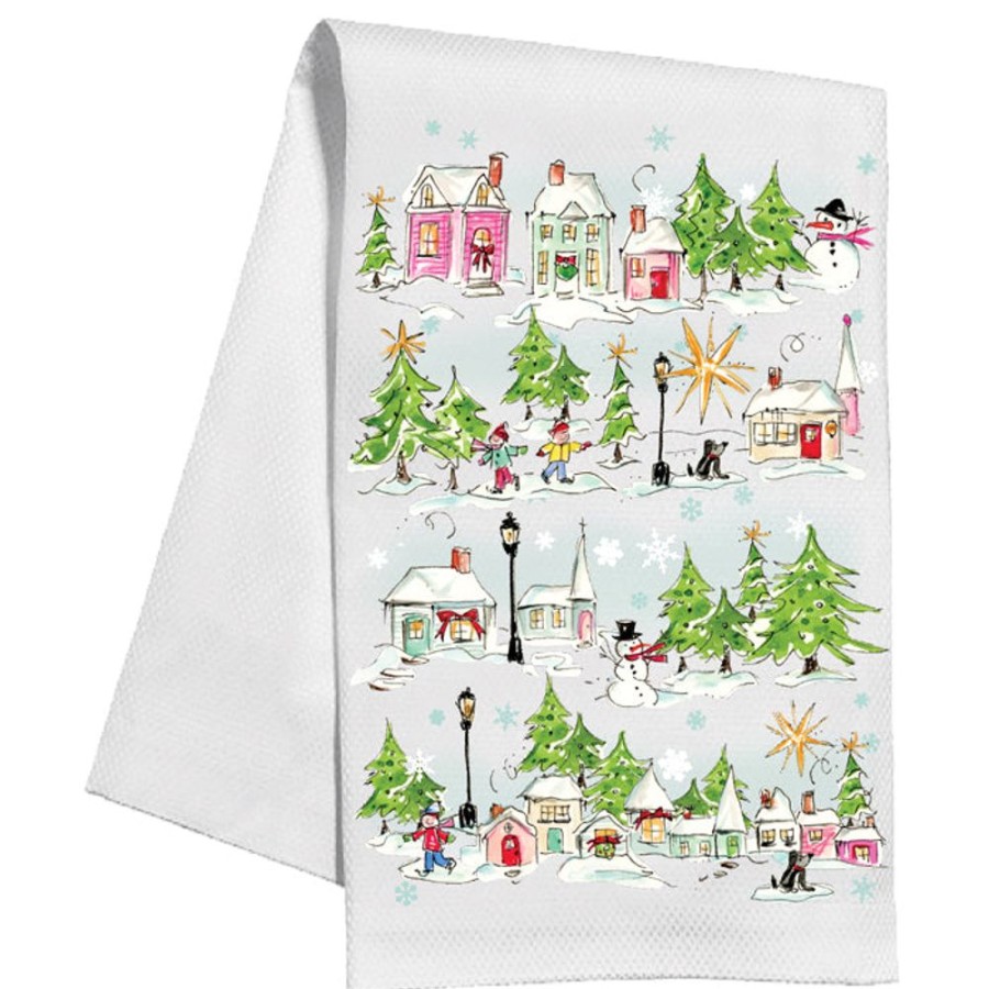 Seasonal Rosanne Beck | Pink Snowy Village Kitchen Towel