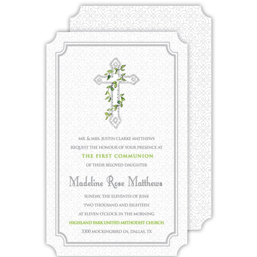 Invitations Rosanne Beck | Handpainted Cross With Ivy Gray Large Die-Cut Invitation