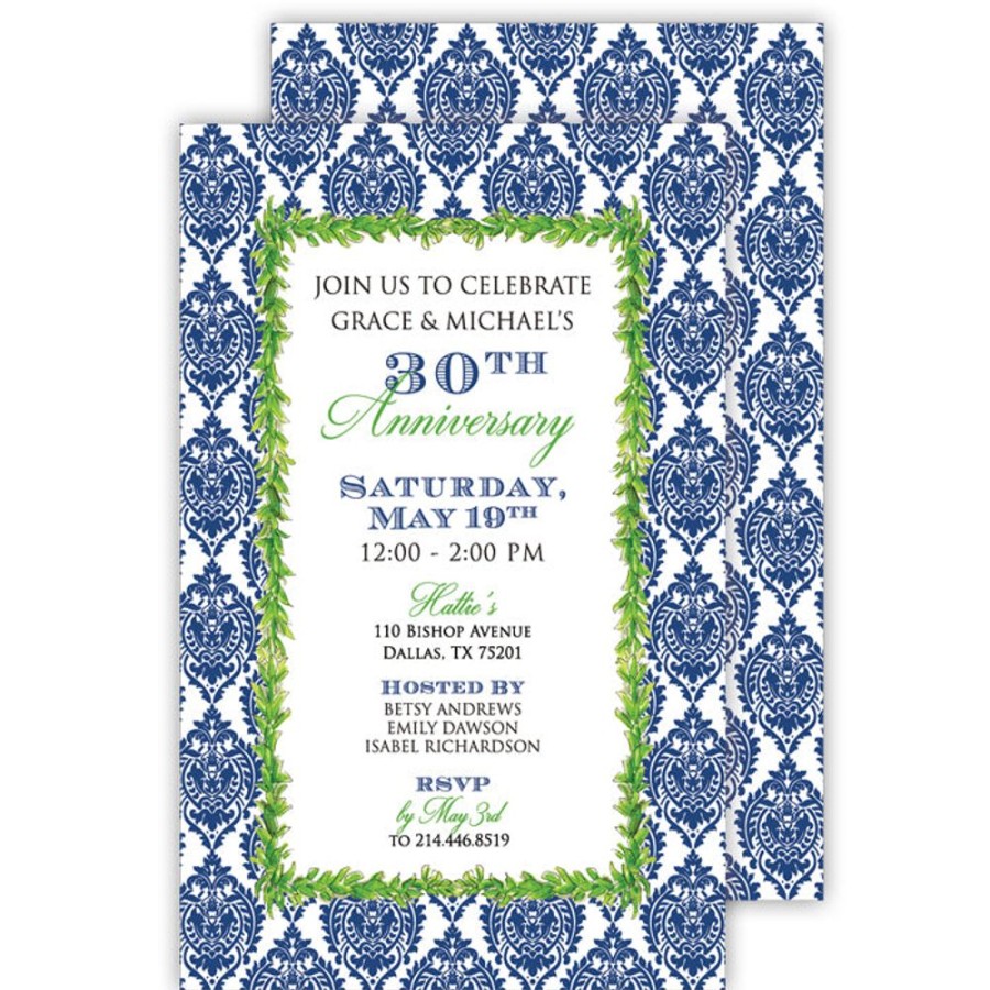 Invitations Rosanne Beck | Blue Damask With Greenery Large Flat Invitation