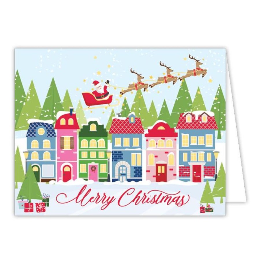 Invitations Rosanne Beck | Merry Christmas Santa And Reindeer Flying Over Town Greeting Card