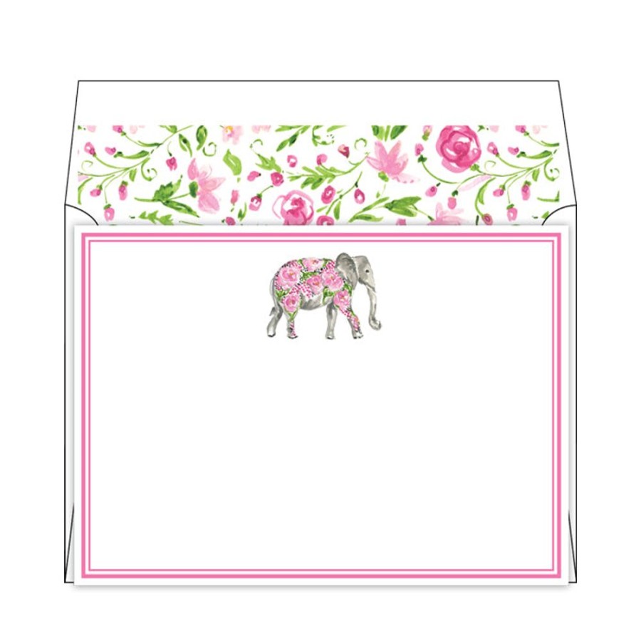 Notes & Pads Rosanne Beck | Pink Floral Elephant Flat Note Stationery