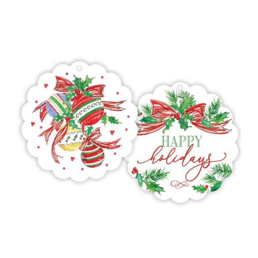 Invitations Rosanne Beck | Happy Holidays Bow With Holly/Handpainted Ornaments Scalloped Gift Tags