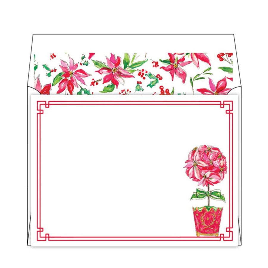 Seasonal Rosanne Beck | Holiday Poinsettia Topiary Flat Note Stationery