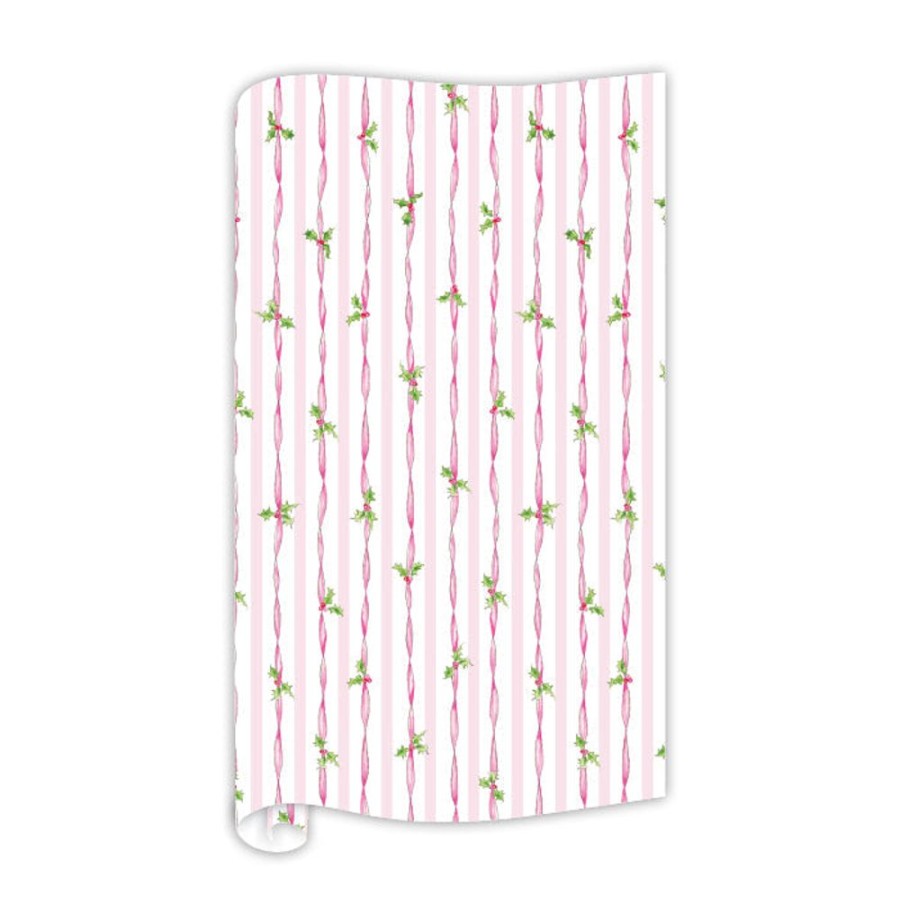 Seasonal Rosanne Beck | Pink Ribbon And Holly Pattern Wrapping Paper