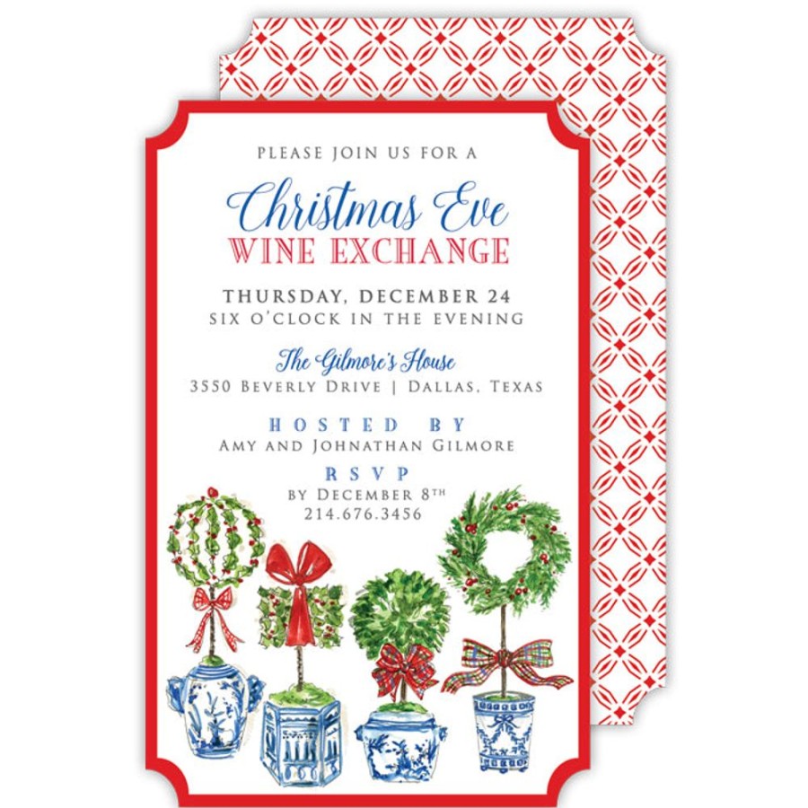 Seasonal Rosanne Beck | Holiday Topiaries With Red Border Large Die-Cut Invitation