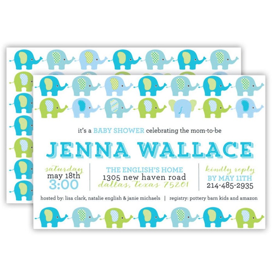 Invitations Rosanne Beck | Blue And Green Elephants Large Flat Invitation