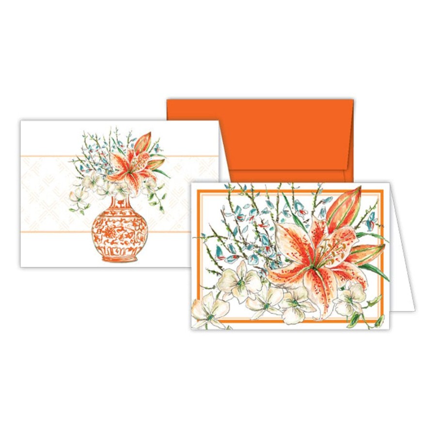 Notes & Pads Rosanne Beck | Tiger Lilly And Floral Tangerine Vase Stationery Notes