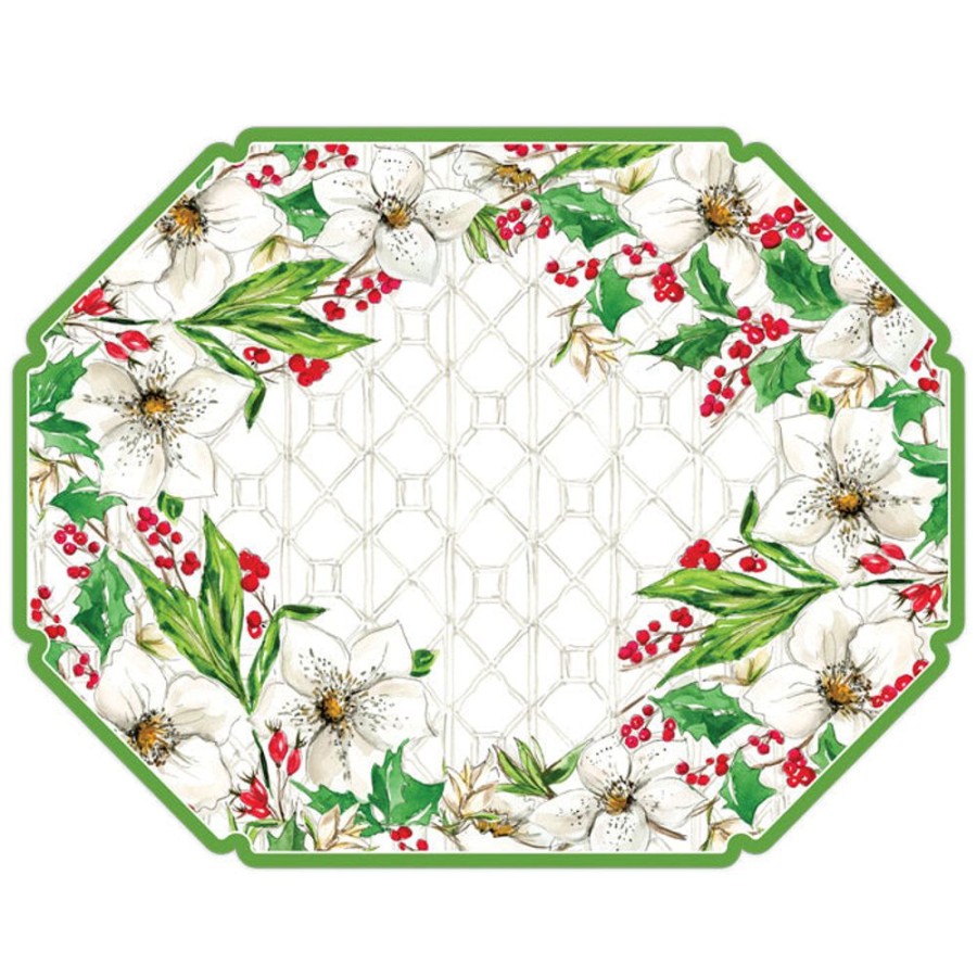 Seasonal Rosanne Beck | White Pointsettias With Berries Posh Die-Cut Placemats