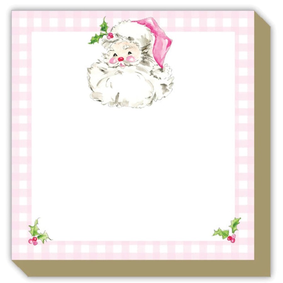 Notes & Pads Rosanne Beck | Pink Santa With Gingham Border Luxe Notepad