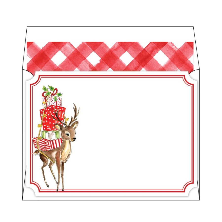 Seasonal Rosanne Beck | Baby Reinder Red Buffalo Check Flat Note Stationery