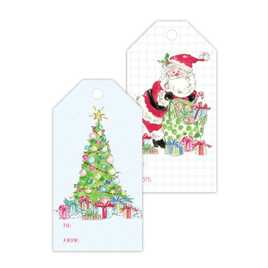 Seasonal Rosanne Beck | Holiday Tree With Presents & Santa With Packages Gift Tags