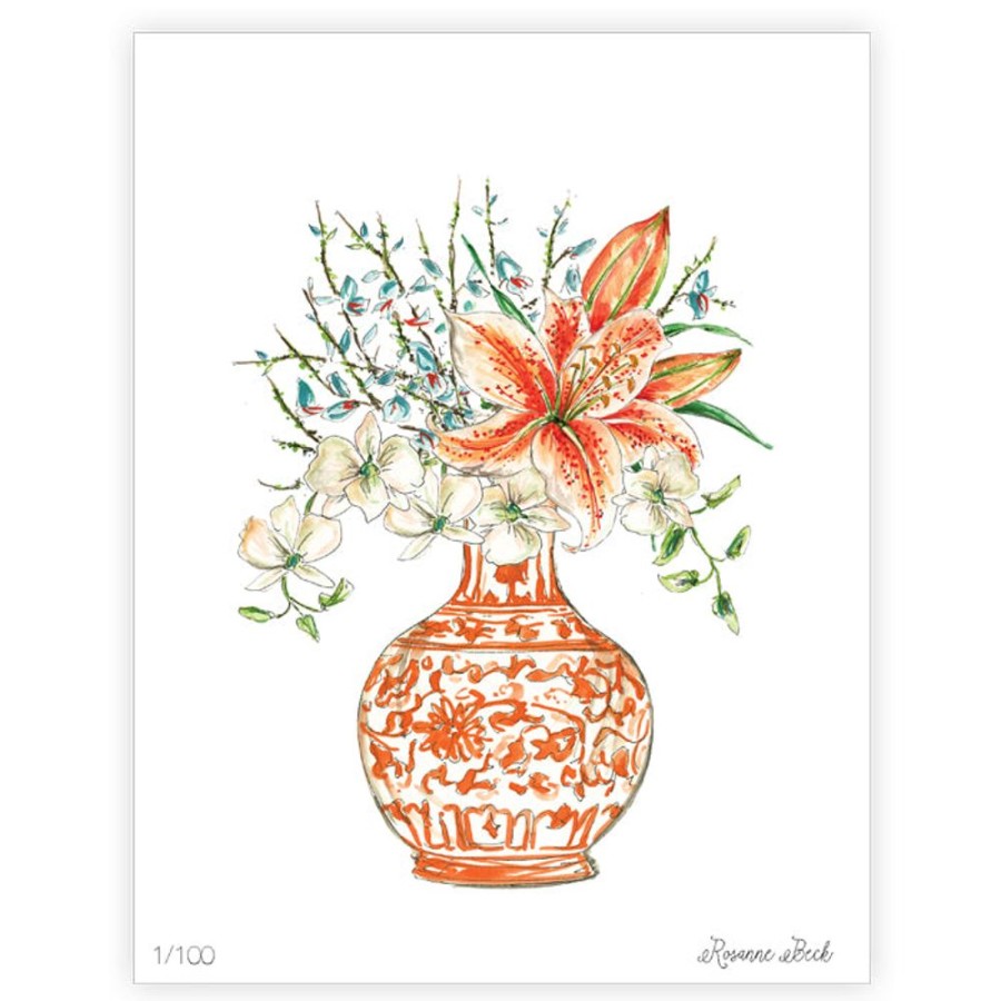 Home & Entertaining Rosanne Beck | Handpainted Floral Tangerine Chinoiserie Art Print