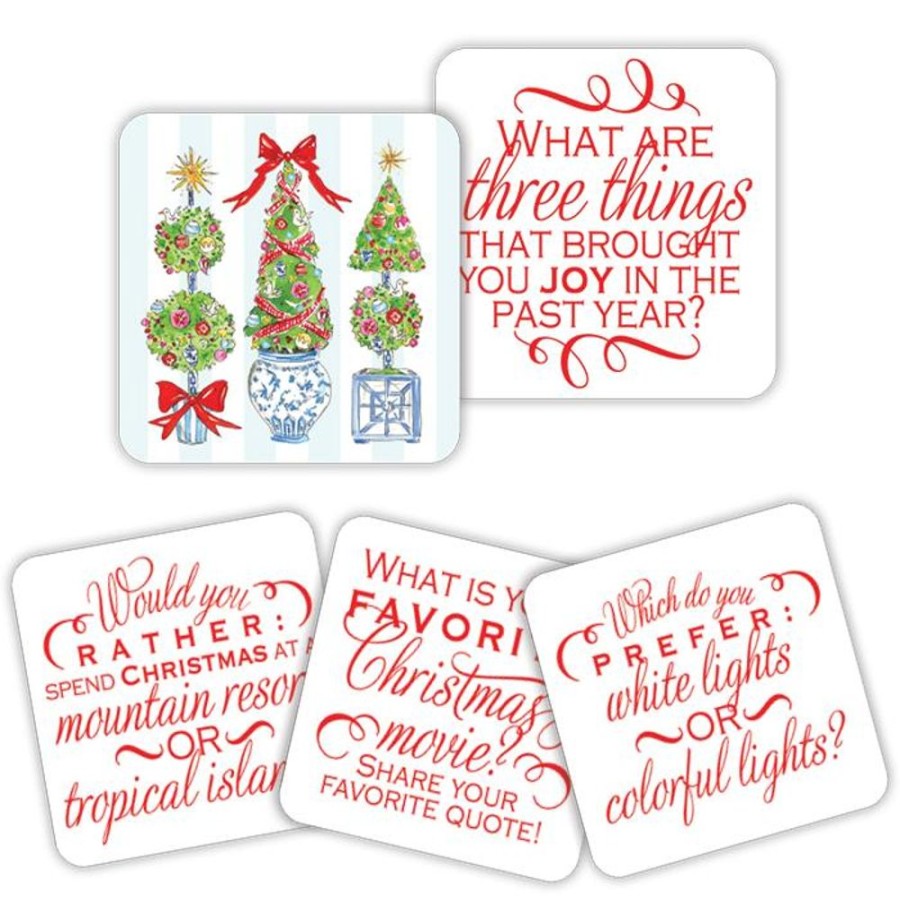 Seasonal Rosanne Beck | Handpainted Merry And Bright Topiaries Conversation Coasters