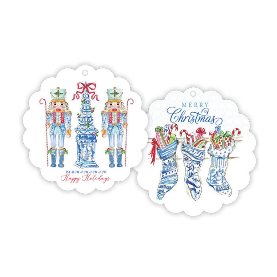 Seasonal Rosanne Beck | Chinoiserie Nutcrackers & Stockings Scalloped Gift Tags