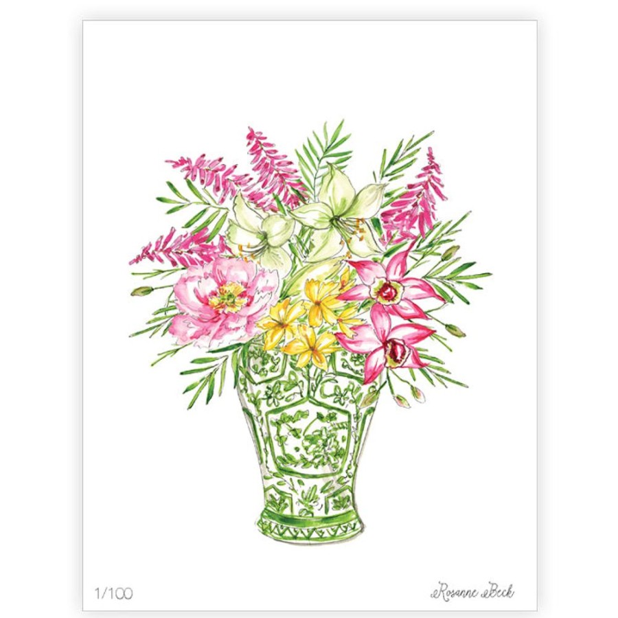 Home & Entertaining Rosanne Beck | Handpainted Floral Green Chinoiserie Vase Art Print