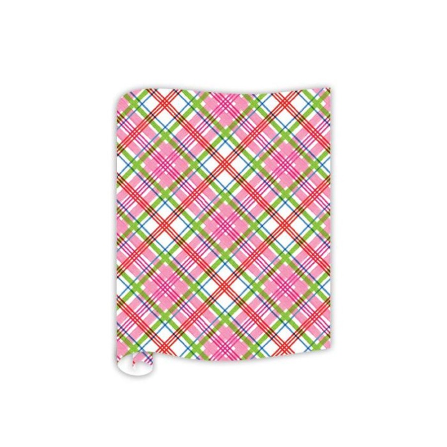 Seasonal Rosanne Beck | Handpainted Pink And Green Holiday Plaid Table Runner