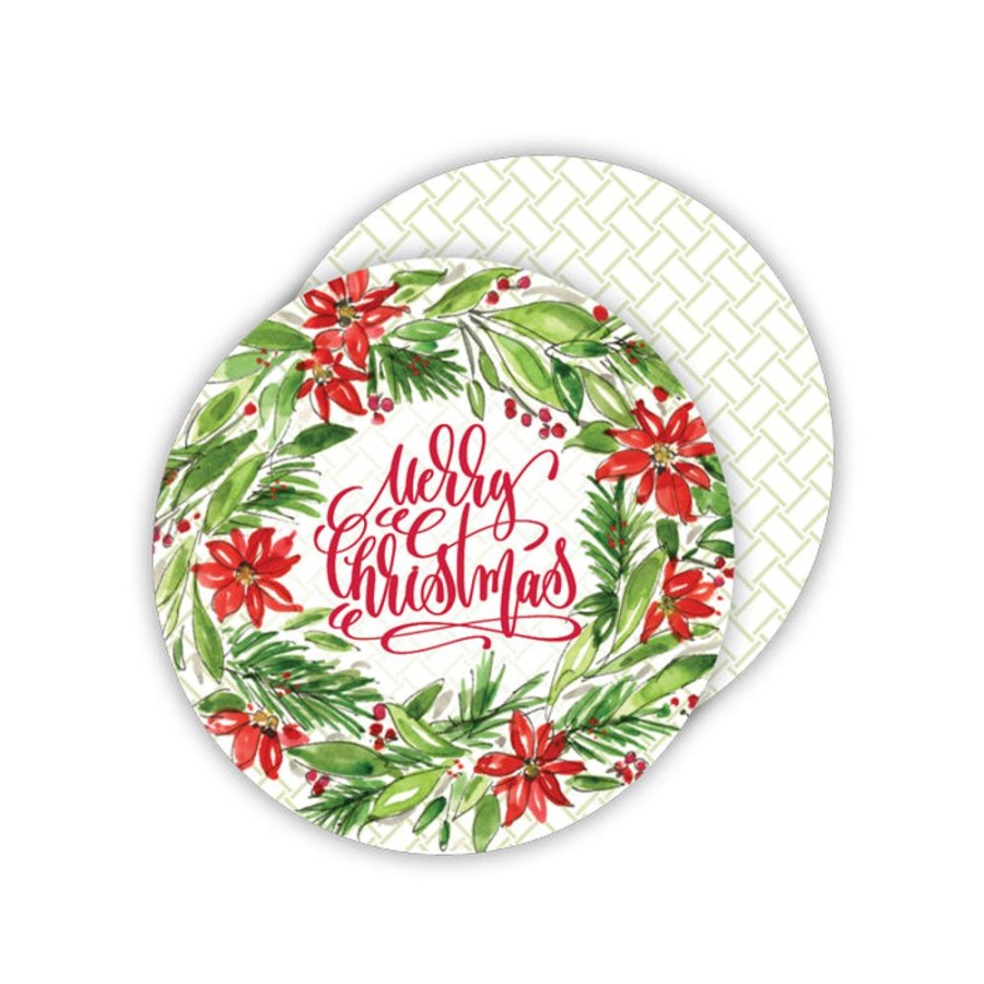 Seasonal Rosanne Beck | Merry Christmas Poinsettia Wreath Paper Coasters