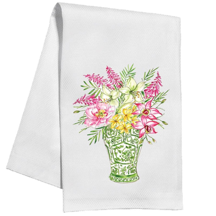 Home & Entertaining Rosanne Beck | Handpainted Floral Green Chinoiserie Vase Kitchen Towel