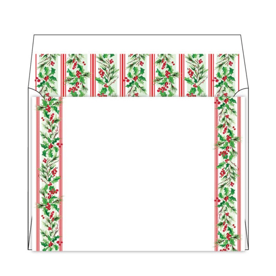 Seasonal Rosanne Beck | Greenery With Holly Berries Stripe Pattern Flat Note Stationery